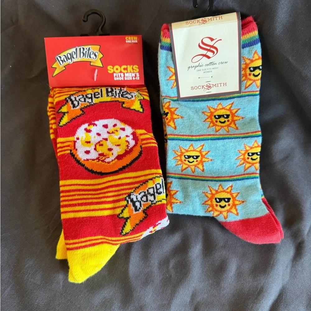 Novelty Socks 2 pair Bagel Bites & Sunshine Faces. NWT